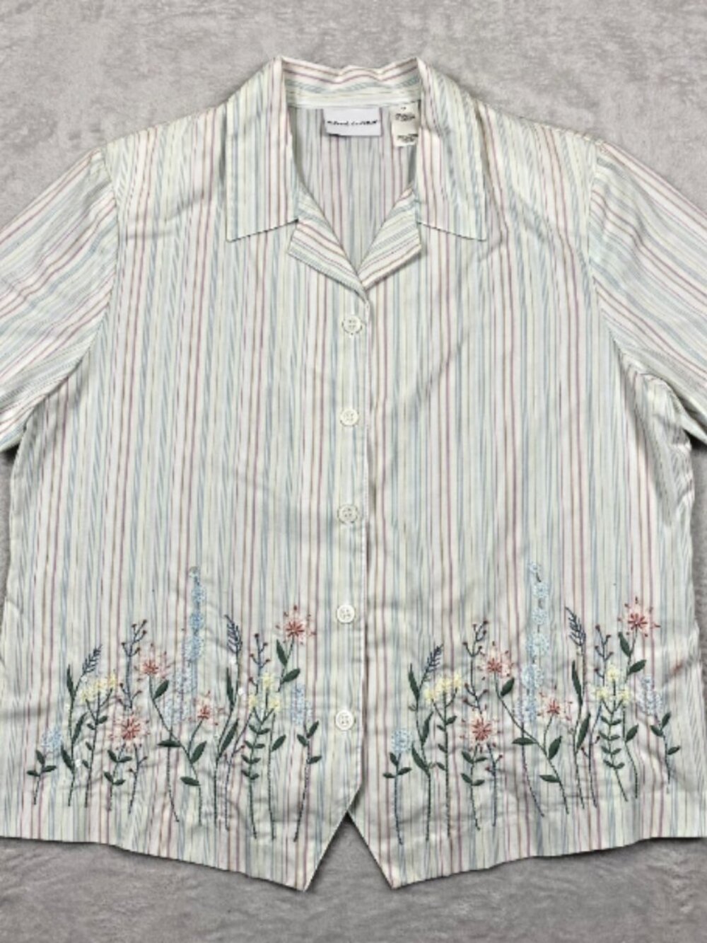 Alfred Dunner Vintage Striped Floral Beaded Embroidered Button Up Shirt Size 14